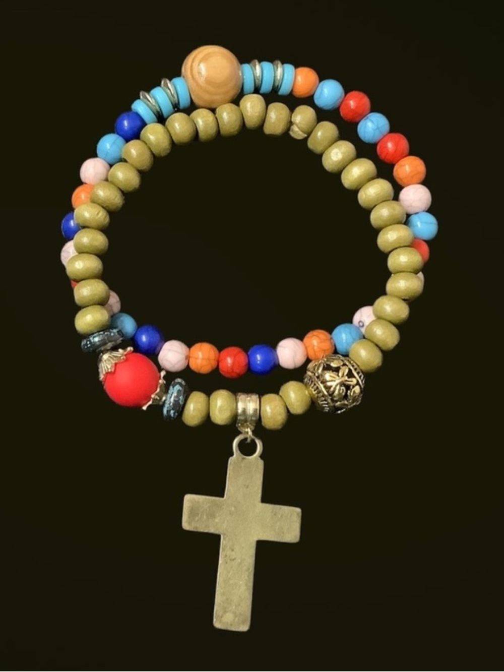 Vintage Inspired Boho Beaded Bracelet with Cross Charm. NWT